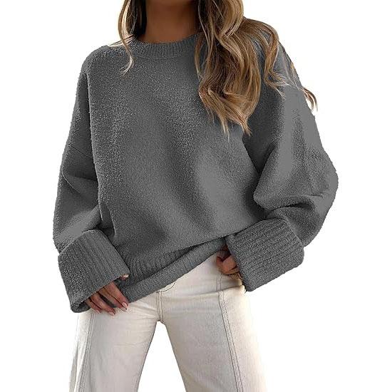 Long sleeve crewneck pullover sweater, dark gray with ribbed cuffs and hem