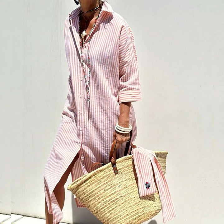 Pink striped button-front summer dress with long sleeves and split hem