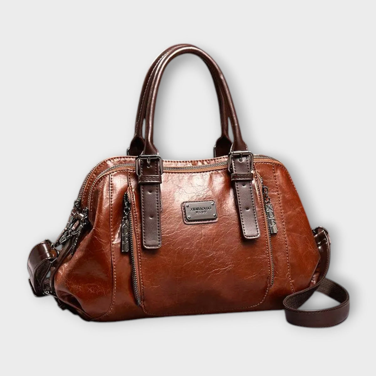 Vintage leather-look shoulder bag in brown with top handles and crossbody strap