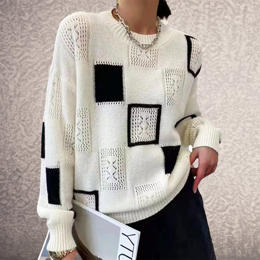 Elegant knit sweater, white with black square patches, crewneck, long sleeves
