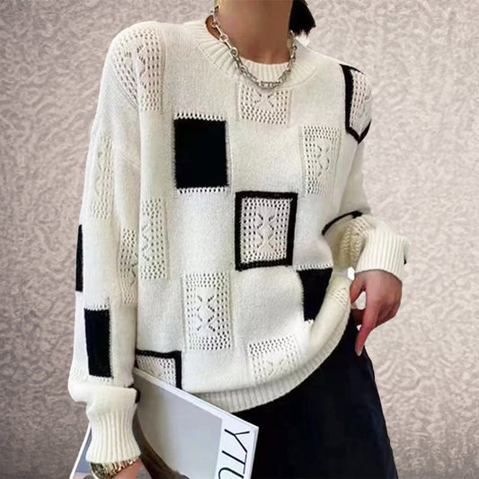 Elegant knit sweater, white with black square patches, crewneck, long sleeves