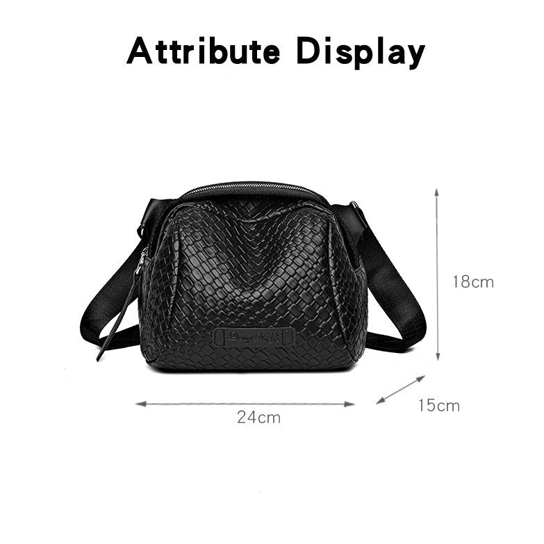 Black woven-texture crossbody bag size 24 cm wide, 18 cm tall with zip top