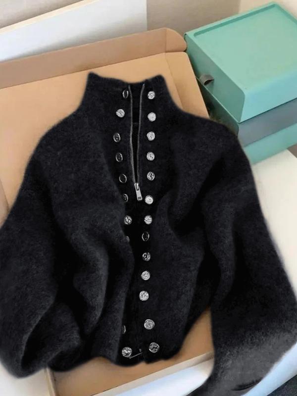 Black knitted high-neck cardigan with faux button placket and long sleeves