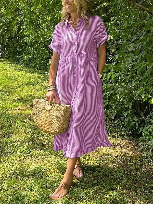 Purple striped button-up dress with short sleeves and gathered waist.