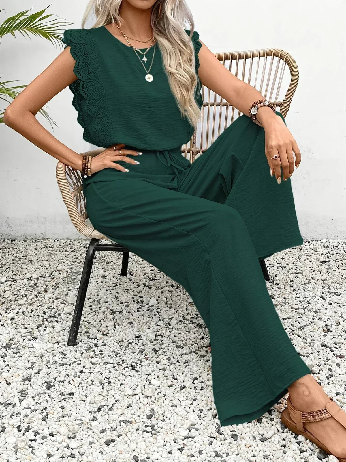 Zella™ dark green lace-trim sleeveless top and wide-leg pants set