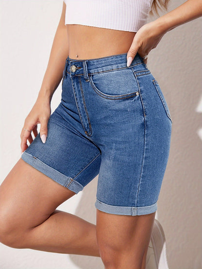 Light blue stretch-fit denim bermuda shorts with button fly and belt loops