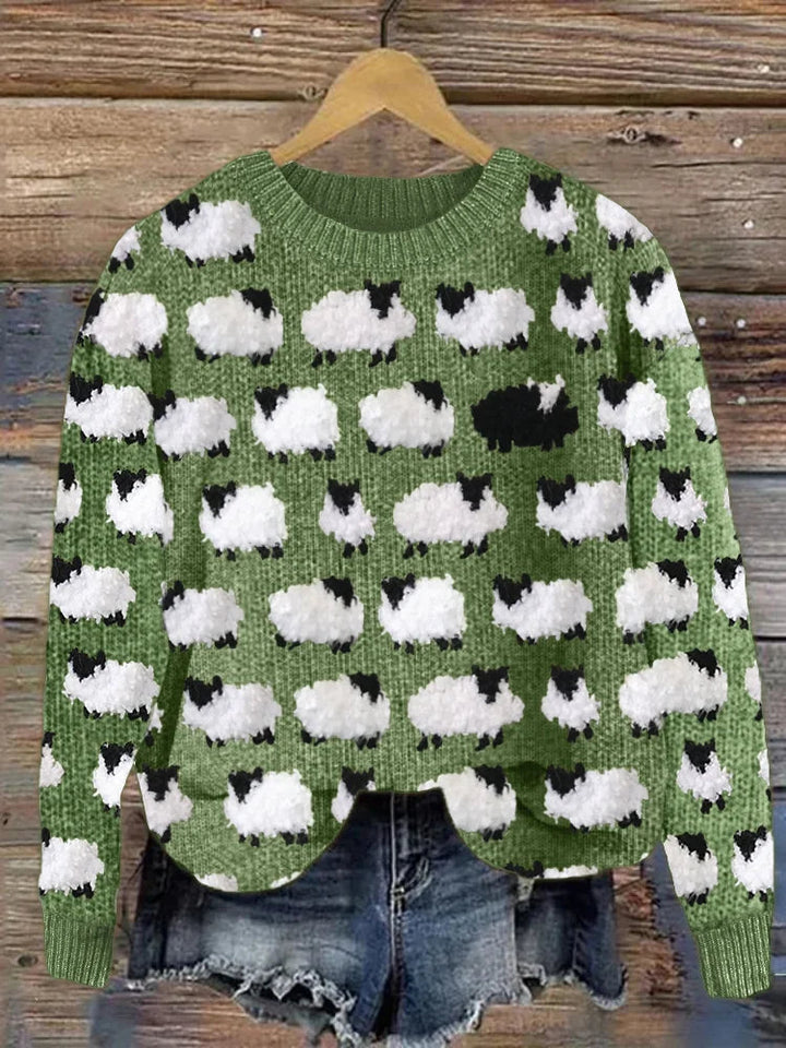 Novelty knit sweater in green with white and black sheep pattern