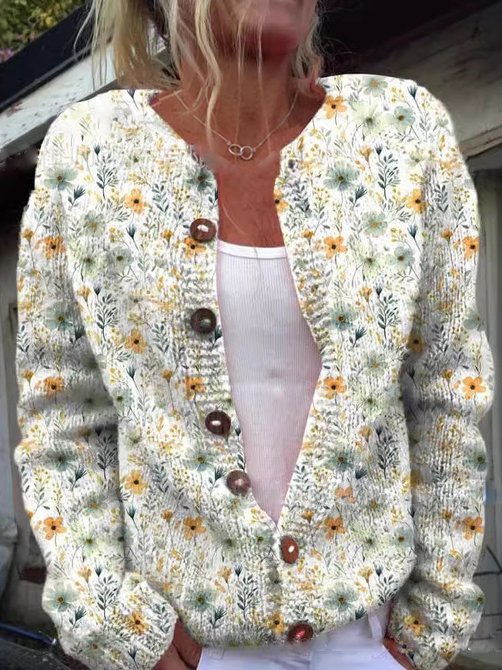 Beige vintage floral cardigan with V-neck and button front, long sleeves