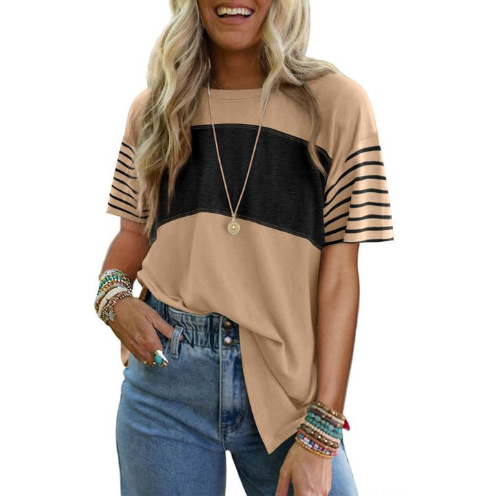 Breathable stripe crewneck top with sage green and white colorblock