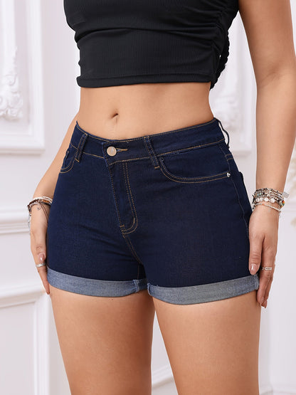 Dark navy denim shorts with button closure, belt loops, and front pockets