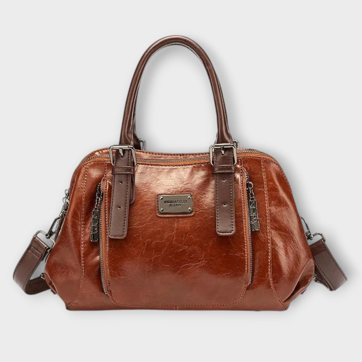 Vintage leather-look shoulder bag in tan-brown with top handles and crossbody strap
