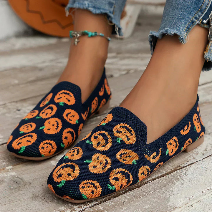 Navy knit slip-on orthopedic shoes with colorful cartoon pattern and cushioned sole