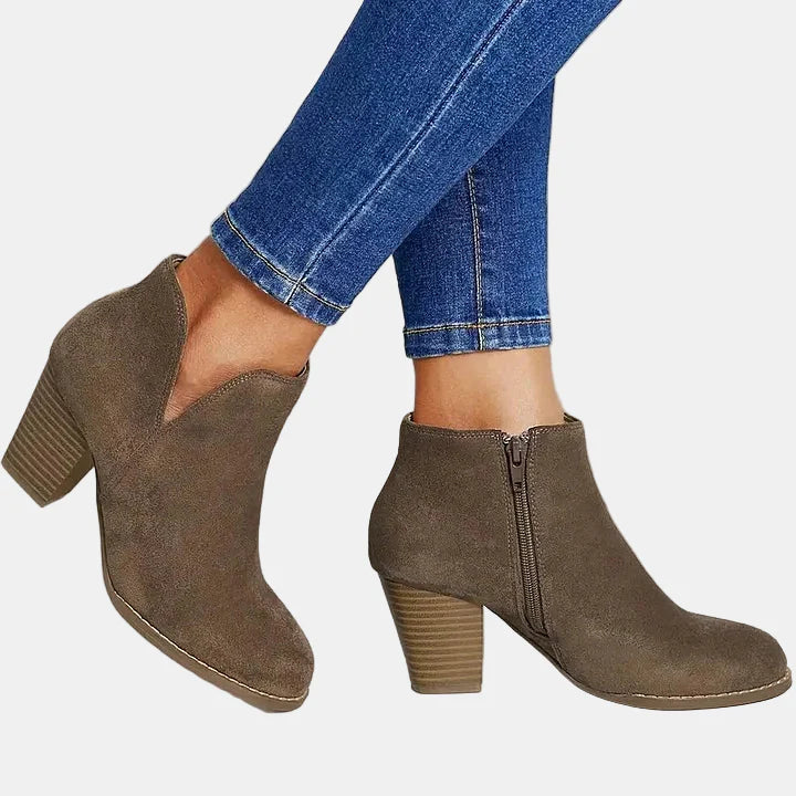 Brown suede ankle boots with side zip, mid block heel, and rounded toe