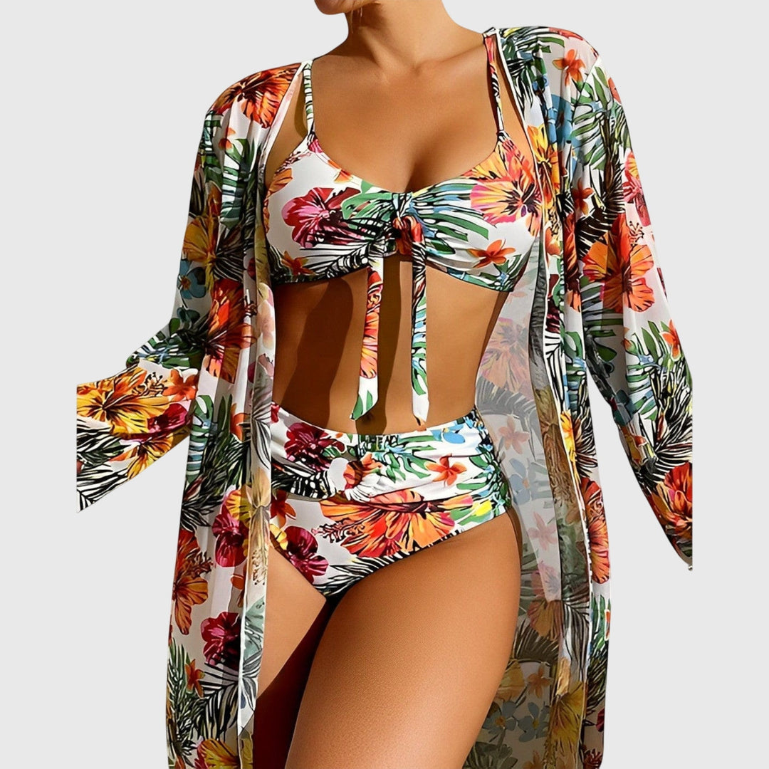 Multicolor floral bikini set with tie-front bikini top and high-waist bottoms, sheer kimono robe