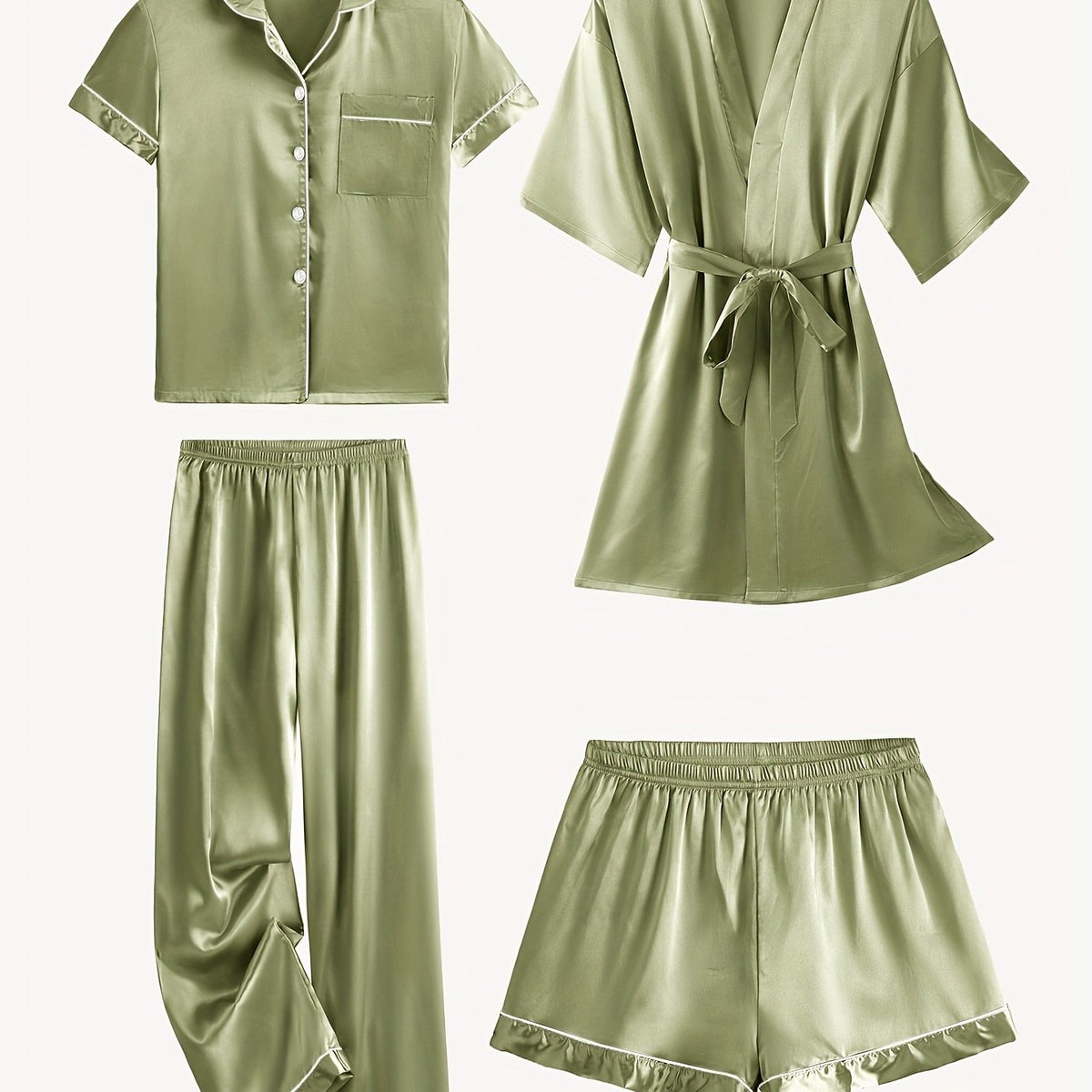 Olive satin 4-piece pajama set: short-sleeve button top, belted robe, pants, shorts