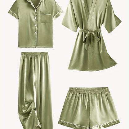 Olive satin 4-piece pajama set: short-sleeve button top, belted robe, pants, shorts