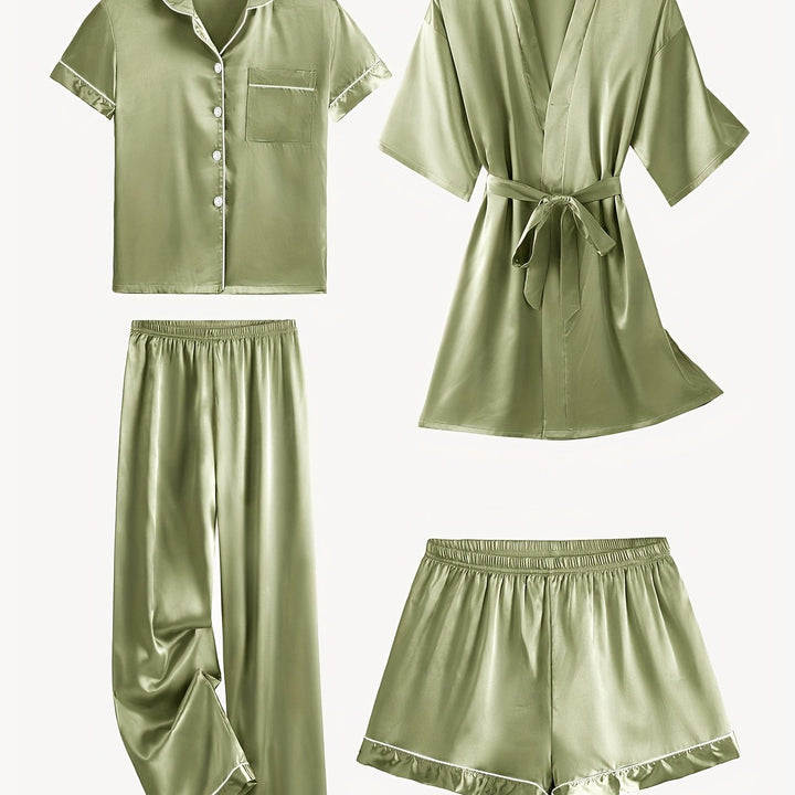 Olive satin 4-piece pajama set: short-sleeve button top, belted robe, pants, shorts