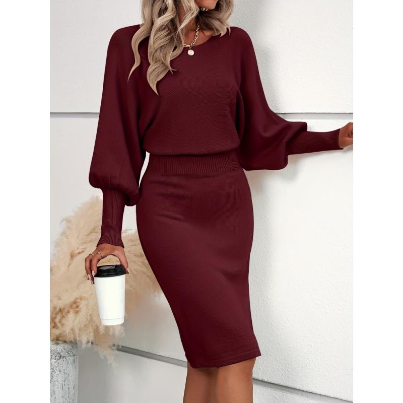 Burgundy sweater dress with lantern sleeves, crew neck, fitted waist and pencil midi skirt