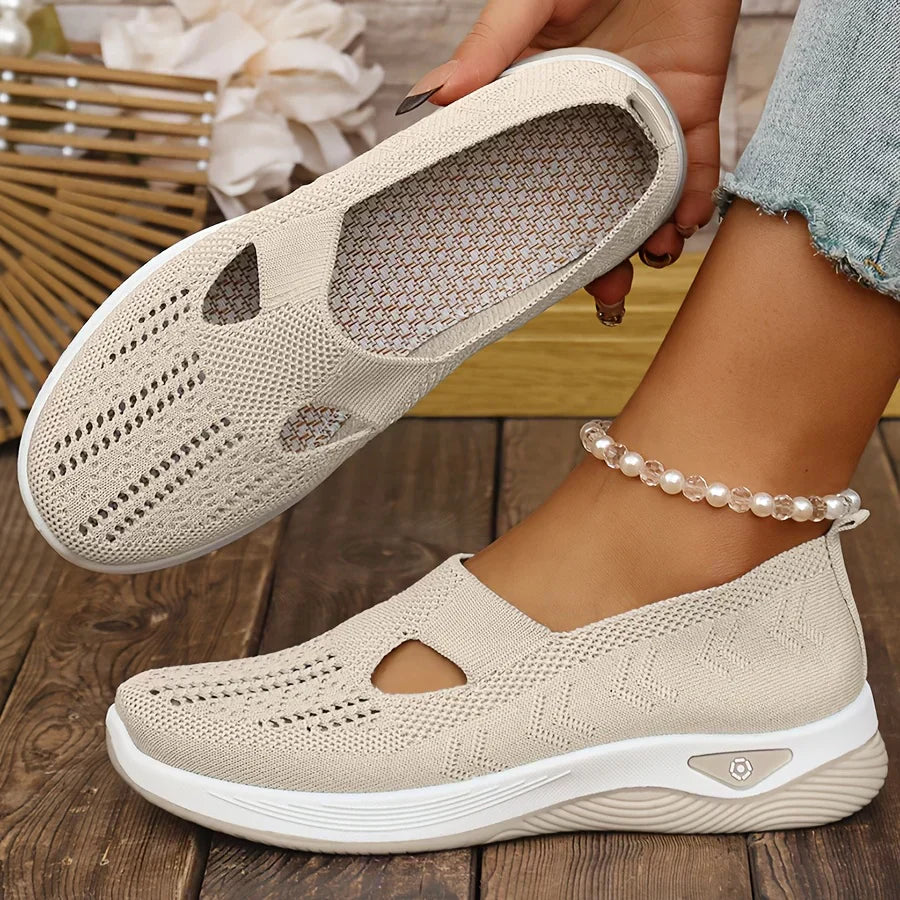 Cream orthopedic slip-on shoes, breathable knit upper with cutout openings and white sole