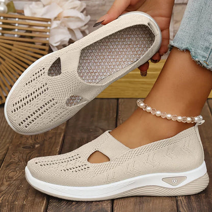 Cream orthopedic slip-on shoes, breathable knit upper with cutout openings and white sole