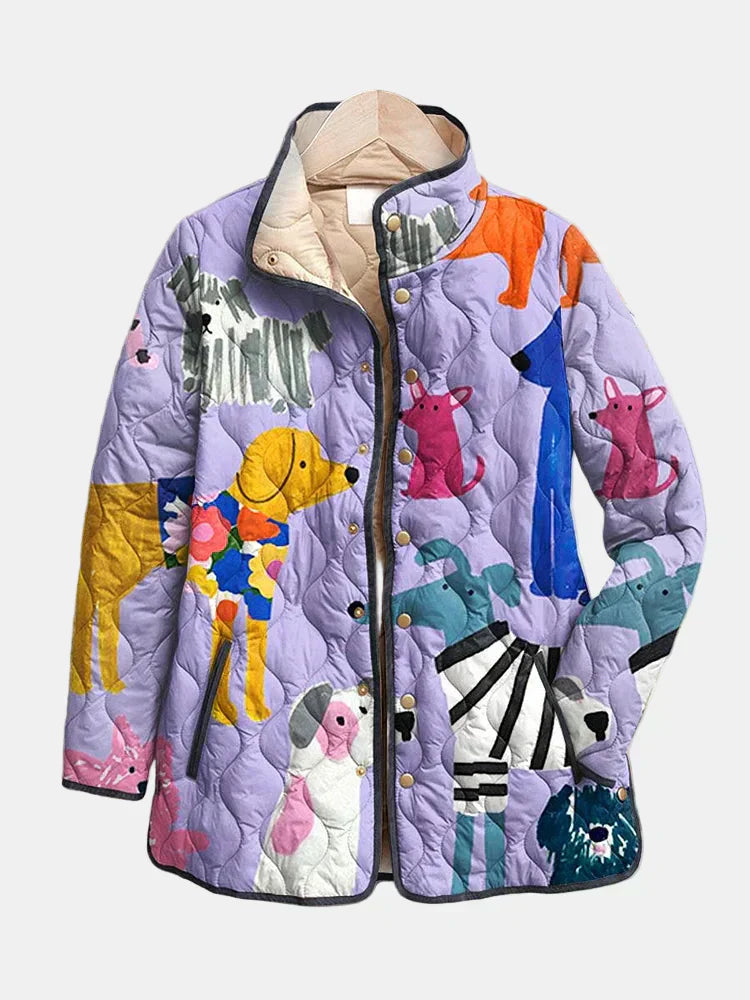 Multicolor quilted jacket with playful dog print, button front, stand collar