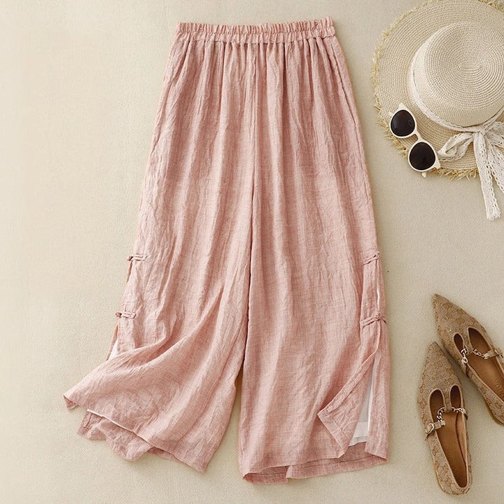 Pink linen casual pants with elastic waistband and wide cropped legs