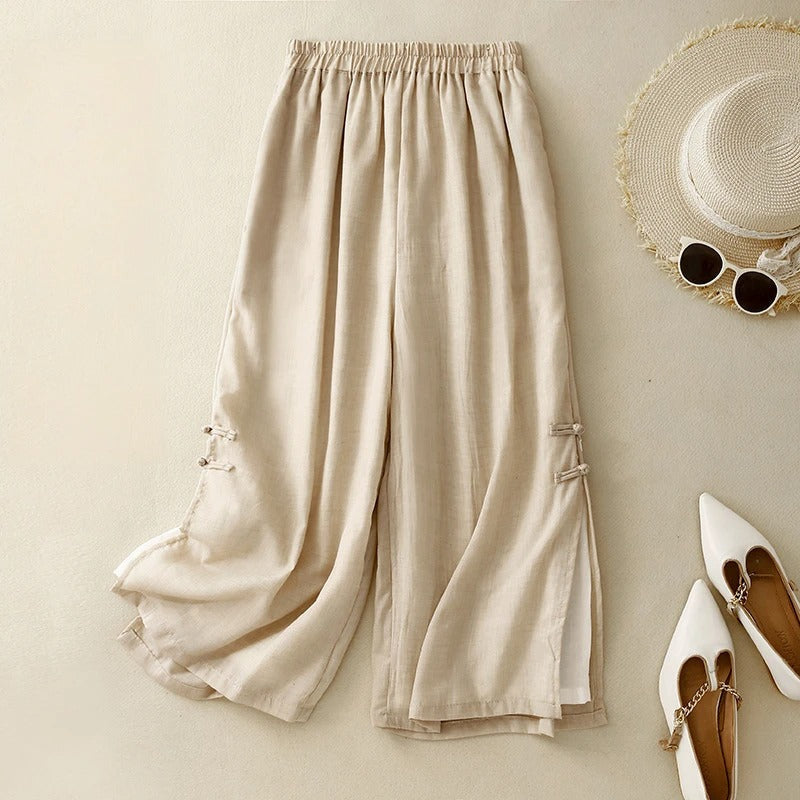 Beige linen casual pants with elastic waistband and wide cropped legs