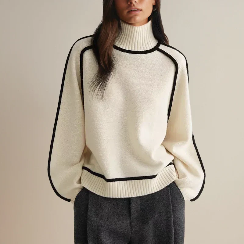 White modern turtleneck sweater with ribbed collar and black edging