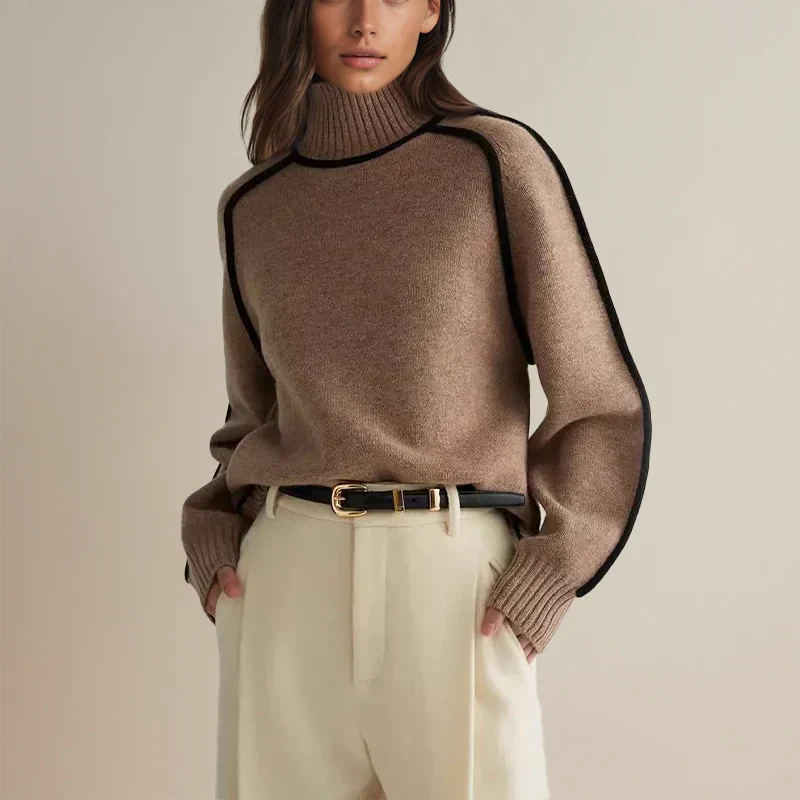 Brown modern turtleneck sweater with ribbed neck, cuffs, and hem
