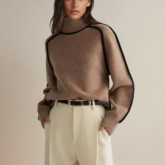 Brown modern turtleneck sweater with ribbed neck, cuffs, and hem