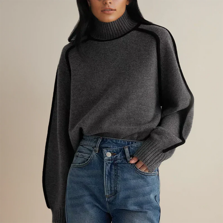 Dark grey turtleneck sweater with ribbed cuffs and contrast black trim