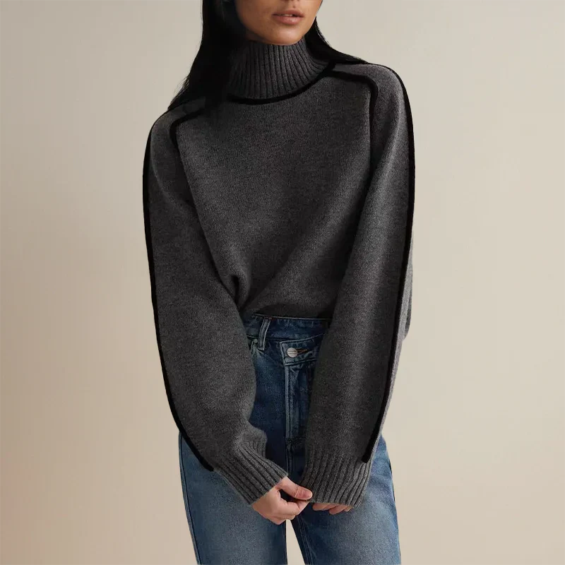 Dark grey turtleneck sweater with ribbed cuffs and contrast black trim