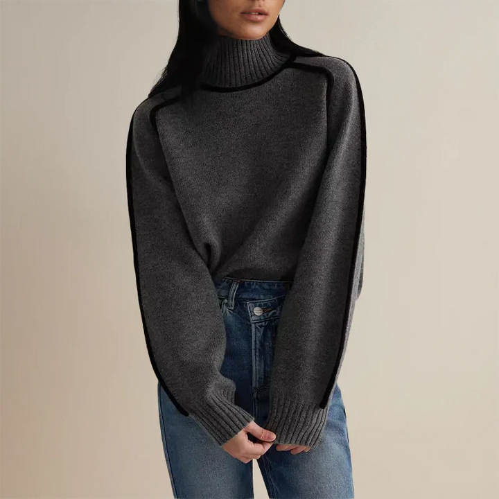 Dark grey turtleneck sweater with ribbed cuffs and contrast black trim