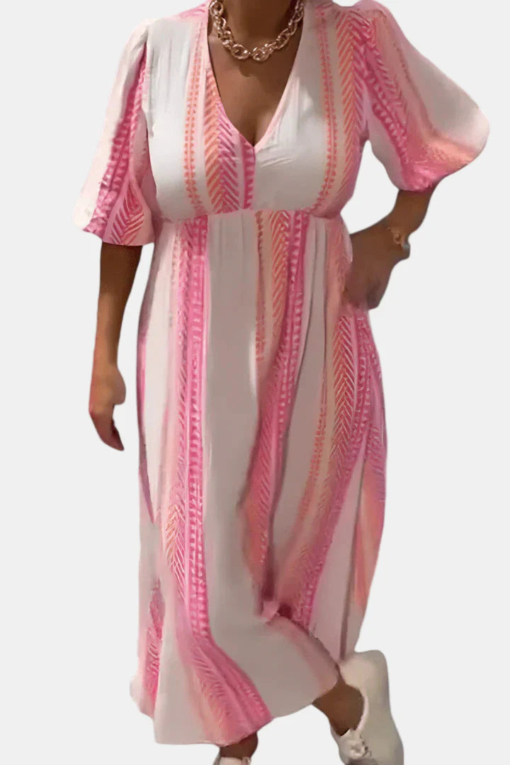 Pink and white striped maxi dress with V-neck, puff sleeves, and gathered waist