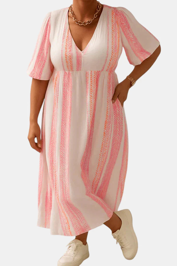 Pink and white striped maxi dress, V-neckline and short puff sleeves