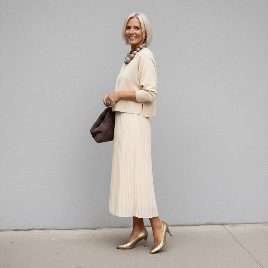 Ivory knit layered dress set side view with pleated tulle midi skirt