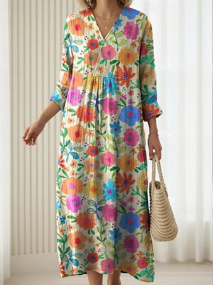 Emma™ everyday comfort dress, multicolor floral V-neck midi with 3/4 gathered sleeves