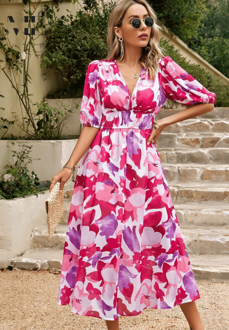 Lorenza midi dress in pink floral print, v-neck, gathered waist, puff sleeves