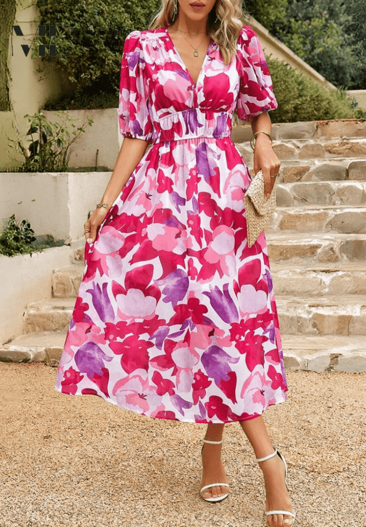 Lorenza midi dress in pink and magenta floral print, v-neck, puff sleeves