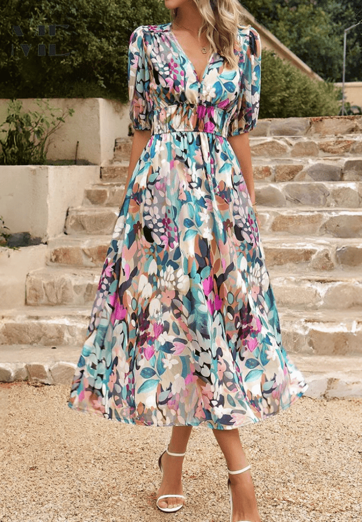 Floral midi dress with puff sleeves and ruched waist, shown from front in a side view
