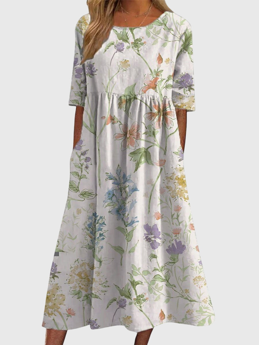 Relaxed midi dress in white with multicolor butterfly and floral print, short sleeves