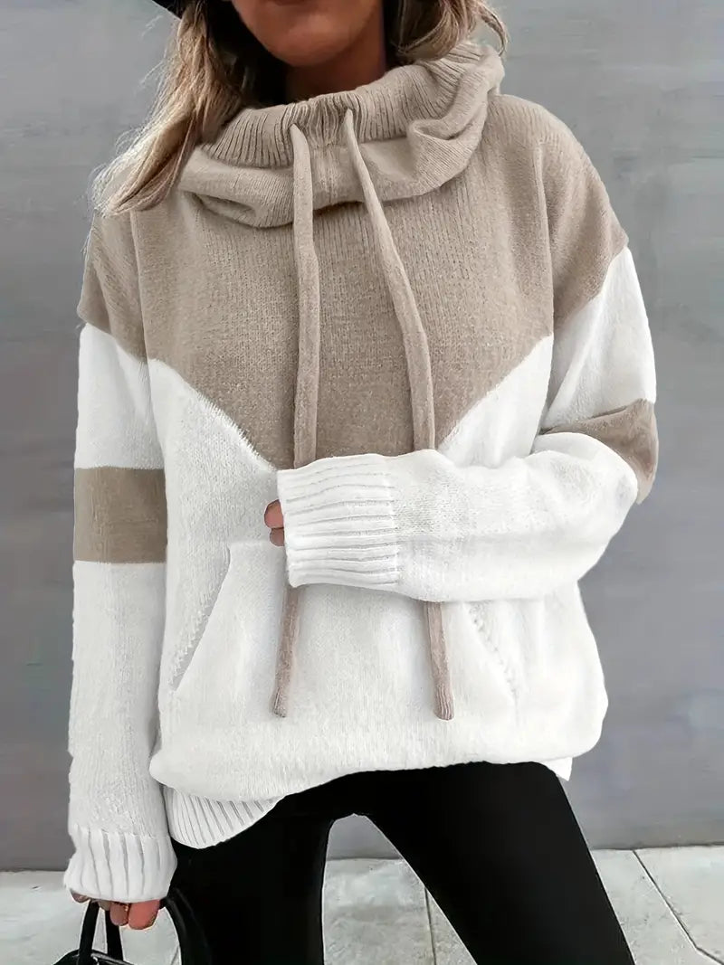 Light grey and white dual-tone hooded hoodie with drawstring and front pocket