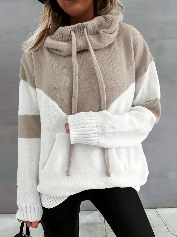 Light grey and white dual-tone hooded hoodie with drawstring and front pocket
