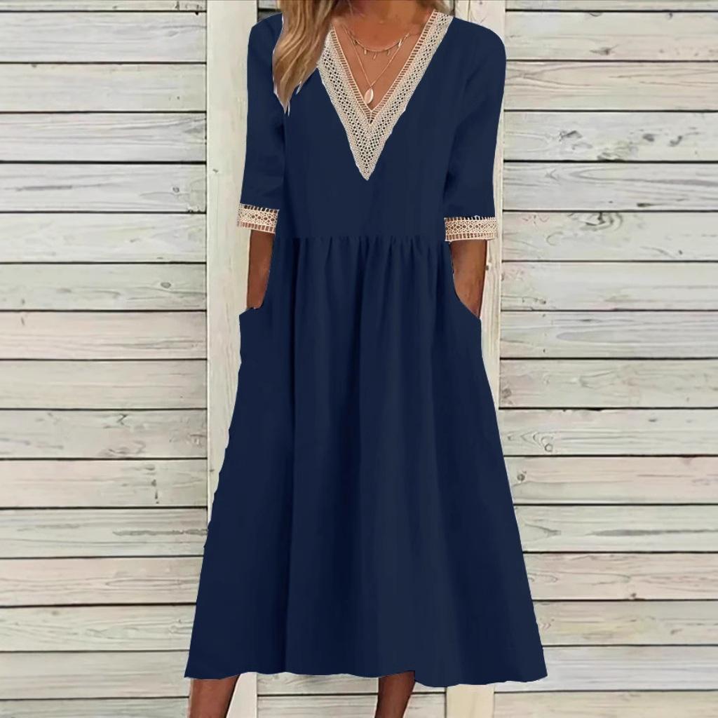 Lace-collar mid-length dress in dark blue with V neckline and lace trim sleeves