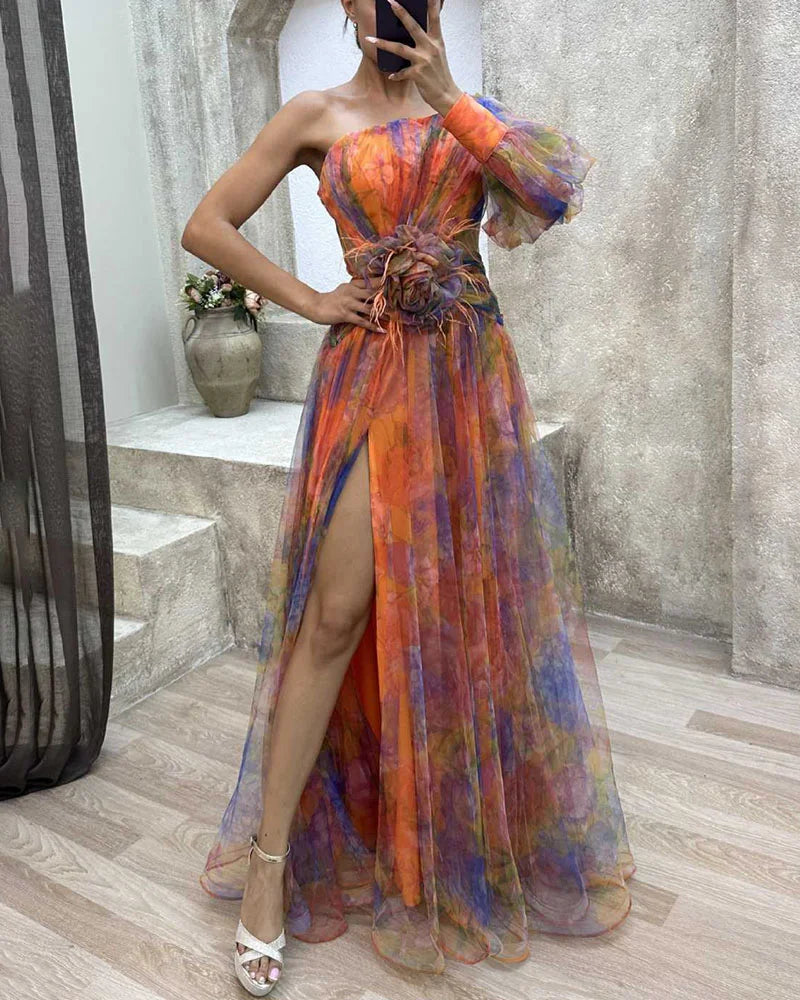One-shoulder long-sleeve tulle dress, orange and purple striped with front slit