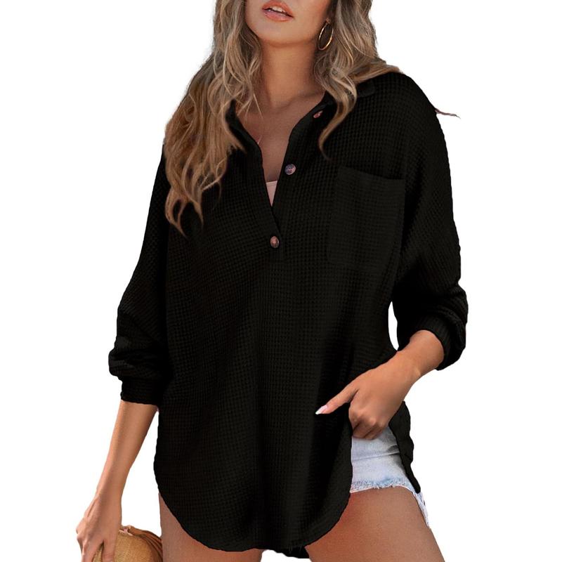 Black waffle V-neck long sleeve sweater with button placket and chest pocket