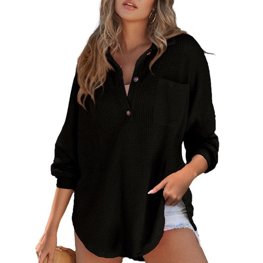 Black waffle V-neck long sleeve sweater with button placket and chest pocket