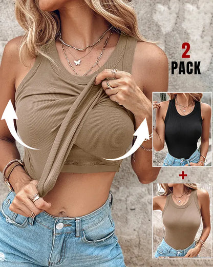 Khaki built-in bra tank top with scoop neck and sleeveless design