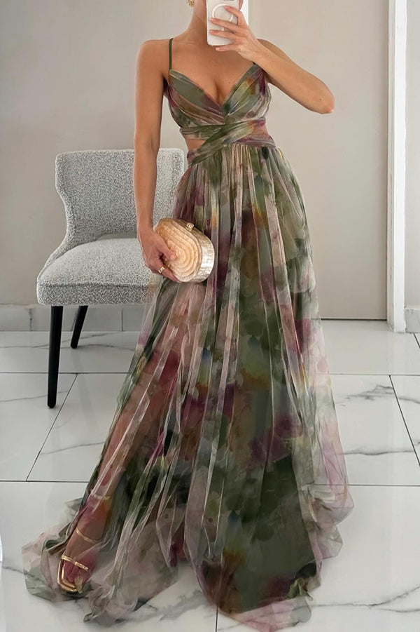 Green-toned multicolor maxi dress with V-neck, pleated skirt and draped waist
