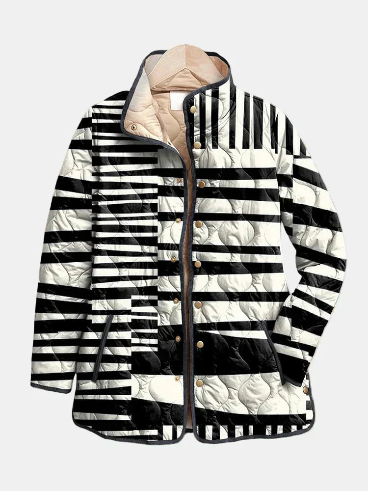 Black and white abstract quilted jacket with striped pattern, button front, stand collar